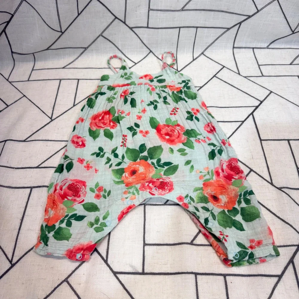 Angel‎ Dear Floral Muslin Romper 6-12M Mint Red Excellent Harem One Piece